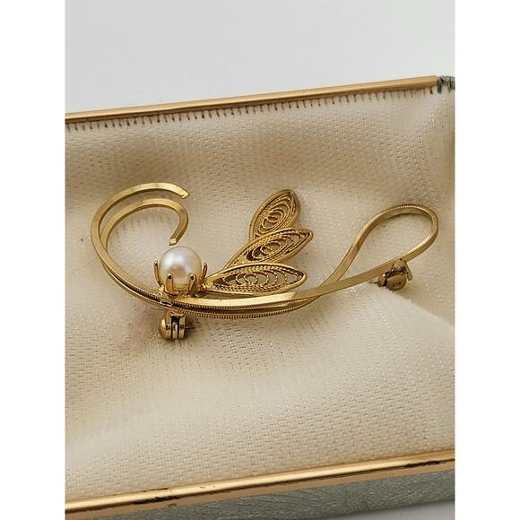 Vintage Cultured Pearl Filigree Brooch Gold Finish in Original Box 1950s - Picture 4 of 8